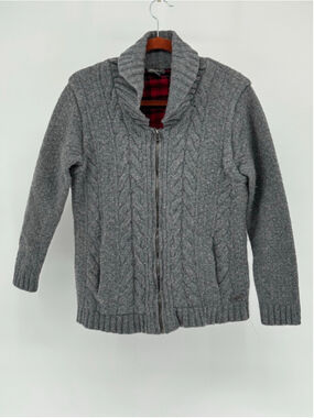 Eddie Bauer Women's Gray Cable Knit Cardigan XL with Red Plaid Lining